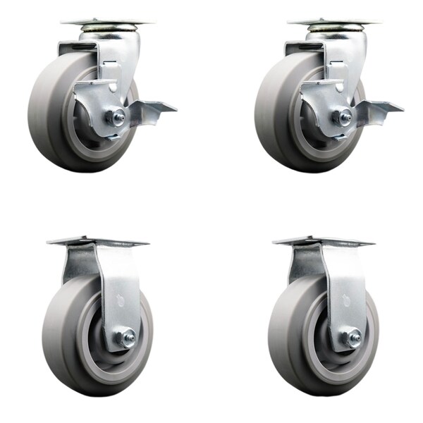 5 Inch Thermoplastic Rubber Caster Set with Roller Bearings 2 Brakes 2 Rigid